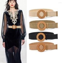 Belts Vintage Bohemia Round Buckle Cummerbund For Women Elastic Braided Girl Wild Linen Weave Wide Belt PP Straw Waistband