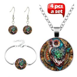 Painted Owl Glass Cabochon Pendant Necklace Bracelet Bangle Earrings Jewellery Set Totally 4Pcs for Women Fashion Sweater Chain