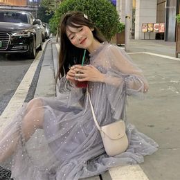 Casual Dresses 2023 Women Summer Flare Sleeve Bling Star Sequined Ruffles Strapless Dress Lady Elastic Mesh Gauze Voile Pleated Midi Chic