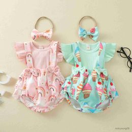 Clothing Sets Baby Girl Outfit Set Children's Baofei Sleeve Top Rainbow Overalls Suit Clothes New Born