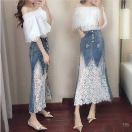 Suits Fashion Women Skirt Suits Loose Slash Neck Crop Tops Blouses and Slim Lace Denim Spliced Skirts Suits Sets Party Clothing NS965