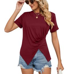 Women's Short Sleeve Round Neck T Shirt Front Twist Tunic Tops Casual Loose Fitted