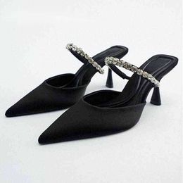 Slipper High Heel Sandal Summer New Wee Toe Stiletto Black Sexy Lady Stras Sequin Shoe Woman 220622