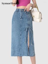 Saias Primavera Verão Summer Split Split Feminino Denim Wrap High Wassit Lace-up Bow Jeans Lápis feminino Midi
