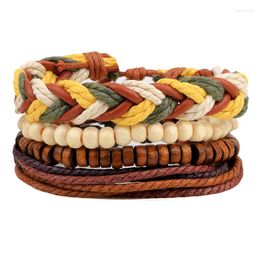 Charm Bracelets 4PCS Handmade Colourful String Rope Men Woven Leather Bangles For Women Multilayer Wood Bead Jewellery