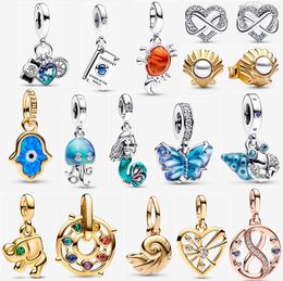 2023 new 925 silver Blue Hamsa Hand Charm Pendant Necklaces Set DIY fit Pandoras ME Double Link Chain Necklace earrings Collar Chain Designer Jewellery