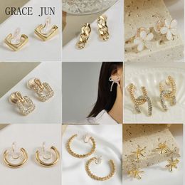 GRACE JUN Korea Style Geometric Heart Butterfly Clip on Earrings No Pierced Women's Hoop Earrings Gold Colour Cuff Earrings 2021