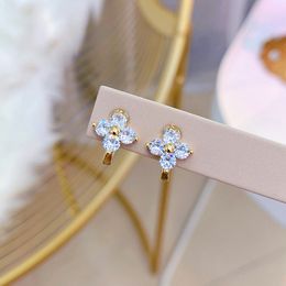 New Trendy 14K Real Gold Plated Crystal Four-leaf Clover Hoop Earrings for Women Girl Jewelry AAA Zircon S925 Silver Needle Gift