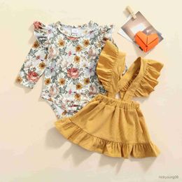 Clothing Sets Infant Baby Girls 2pcs Clothes Fashion Flower Long Sleeve Romper Solid Colour Suspender Skirt Spring Fall Outfits