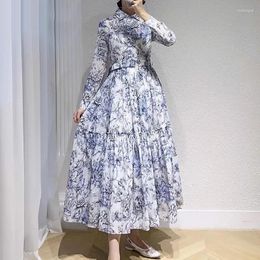 Casual Dresses Cotton Luxury 2023 Spring Summer Designer Women Ink Painting Printed Long Sleeve Belt Swinging Dress