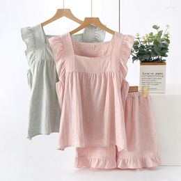 Women's Sleepwear Korean Pyjama Mujer Stripe Square Neck Cotton Yarn Set Sleeveless Top Shorts Ruffle Homewear Skin-Friendly Breathable