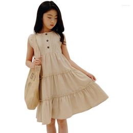 Girl Dresses Korean Loose Style Kids For Girls Summer Sleeveless Apricot Cotton Casual Sundress Children Party Dress Teen Clothes 15Y