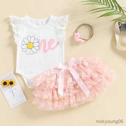 Clothing Sets Infant Baby Girls Summer Clothes Set Floral Print Fly Sleeve Rompers and Casual Layered Mesh Tulle Skirt Headband