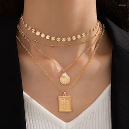 Choker Bohemian Shell Pearl Stone Block Multi Layered Pendant Necklace Women's Geometric Alloy Circular Plate 4/pcs Set