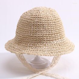 Berets Children Lace Strap Crochet Straw Hats Baby Boy Girl Handmade Summer Foldable Sun Cap Outdoor Holiday Beach Protection Hat