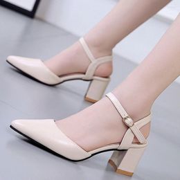 Office Elegant Lady Female Sandals Front Closed Toe Null Shoes with Buckle Strap 5cm Med Heels Black Beige Soft Leather Pumps 42 93846