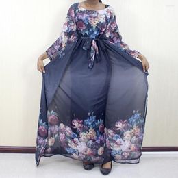 Ethnic Clothing Elegant Chiffon Floral Print High Quality African Dresses For Women Long Bat Sleeve Pullover Holiday Dress Loose Robe