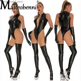 Sexy Set Women PU Faux Leather Latex Bodysuit + Gloves + Stocking Sexy High Cut Lingerie Sexy Tights Catsuit One Piece Thong Stage Wear T230530