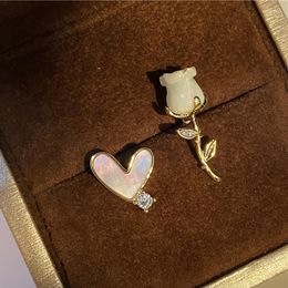 Stud Earrings 14K Real Gold Plated Peach Heart Tulip Flowers For Women Girl Zircon Jewelry S925 Silver Needle