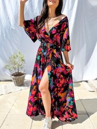 Dresses Women's Boho Maxi Dress 2022 Fall Fashion Print Deep Vneck Short Sleeve Sashes High Split Prom Dresses Women Robe Streetwear