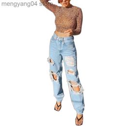 Women's Jeans Women Ripped Straight Leg Jeans High Waist Loose Denim Pants Lady Causal Boyfriend Style Pants Vintage Streetwear Hole Trousers T230530