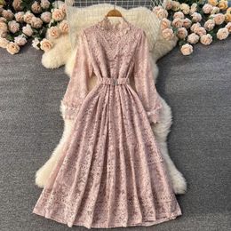 Casual Dresses C970 Women Fashion Spring Autumn Round Neck Long Sleeve Lace Embroidery Elegant Dress Solid Colour Sweet Clothes Vestidos