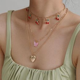 Pendant Necklaces Love Cherry Butterfly Necklace Multilayer Chain Fashion Jewelry Accessories Sweet Kpop Choker For Girls Cute