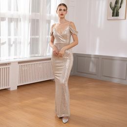 Casual Dresses Silver V Neck Stretchy Sequin Maxi Dress Bodycon Off Shoulder Tight Package Hips Full Lining Long Gold Party Green