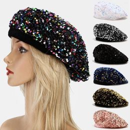 Berets 2023 Women's Fashion Fun Sequins Shimmer Stretch Beret Beanie Hat Ladies Sequin Hand Stitched Shining