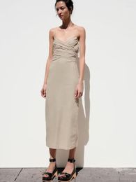 Casual Dresses Women's Long Skirt 2023 Summer Style Sweet Ruili Linen Blended Pleated Decoration V-neck Thin Suspenders Halter Dress
