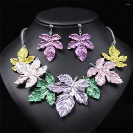 Necklace Earrings Set Charm Green Purple Oil Leaf Design Collar Earring Wedding Jewellery Exaggerated Woman's Banquet Valentine's