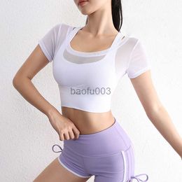 Women's T-Shirt Sexy Inner Padded Patchwork Mesh Crop Tops Fitness Short Sleeve Sport T Shirts Female Gym Tight Dance Training Clothes J2305