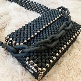 Evening Bags Black Beaded Crossbody For Woman Fashion Retro Ins Chain Women's Shoulder Bag Versatile Texture Woven Handbag Bolsos Mujer