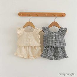 Clothing Sets 2023 Summer New Baby Shorts Sleeve Square Neck Tops and Pieces Suit Girls Grid Cotton Set Children Clothes