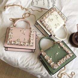 Stylish One Shoulder Crossbody Bags Casual and Pure-color Chain Totes with Floral and Pearl Decorations