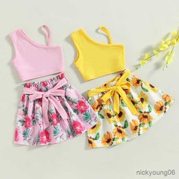 Clothing Sets Children Summer Sleeveless Knit Vest Tops Floral Short Skirts with Waist Belt Kid Girls Outfits