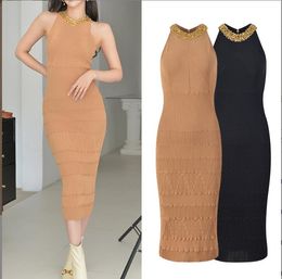 518 XXL 2023 Runway Dress Crew Neck Sleeveless Khaki Black Dress Empire Brand Same Style Dress Flora Print High Quality Womens Clothes yl