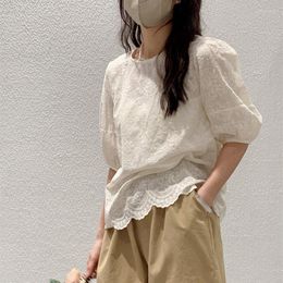 Women's Blouses Embroidery Cotton Linen Shirt Women Korean Style Cute Puff Sleeve Tops Ladies Summer White Beige