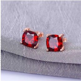 Stud Earrings Natural Garnet Earring Real Red 925 Sterling Silver 7mm