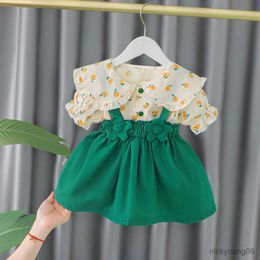 Clothing Sets New Baby Girl Clothes Set Ruffle Lapels Floral Print Shirt Top Flowers Strap Dress Summer Fashion Suit