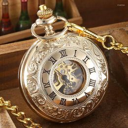 Pocket Watches Luxury Gold Mechanical Steampunk Skeleton Roman Numbers Case Dial Male Hand Wind Necklace Fob Chain Clock For Men