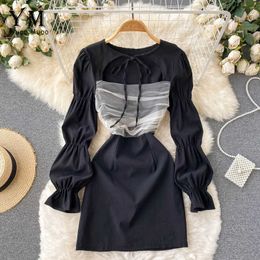 Casual Dresses 2022 New Gothic Mesh Patch Work Black Short Skirt Puff Sleeve Women's Party Spring Westidos P230530