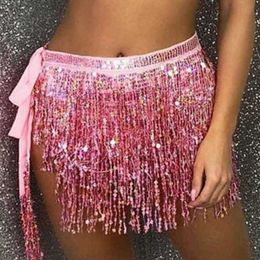 Skirts Thailand/India/Arab Shining Mini Short Belly Dance Fringed Shiny Sequins Tassel belly dancer Skirt for Stage Show P230529