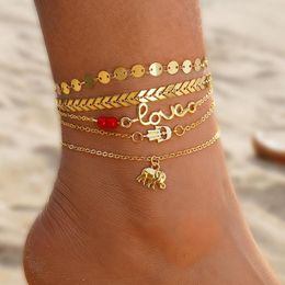 Anklets Bohemia LOVE Gold Colour Multi-layer Ankle Bracelet Set For Women Elephant Pendant Key Lock Charm Beach Anklet Chain On Leg Jewel