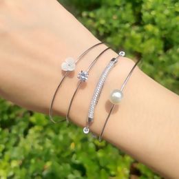 Charm Bracelets Silver Color Flower Bangle Woman Adjustable Pearl Luxury Cubic Zirconia Jewerly CZ Bar Bracelet Brazalete Abierto