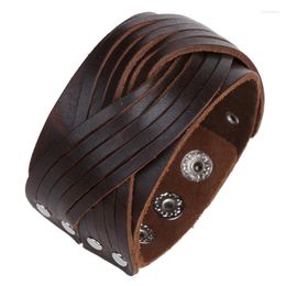 Bangle Boho Gypsy Hippie Hiphop Punk Brown Black Real Leather Button Lock Layers Knots Charm Wrap Braiding Big Wide Unisex Bracelet Man