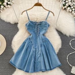 Casual Dresses Summer Korean Version Of Sexy Sweet And Spicy Wind Cowboy Suspender Skirt Lace-up To Wipe The Chest Waist Peng Dress