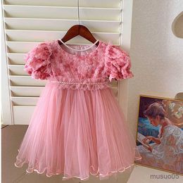 Girl's Dresses Girls Dress Ball Pearls Flowers Embroidery Birthday Princess Piano Performance Party Dress Show Evening Clothes