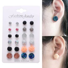 12pairs/Set Women Flower Stud Earrings Set With Card Korean Styles Mixed Colour Round Crystal Rhinestone Pearl Earrings Jewellery