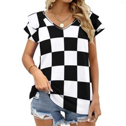 Women's T Shirts Mod Black And White Chequerboard Lotus Leaf Neck T-Shirt Long Sleeve Women'S Shirt Elegant Fashion Tops & Tees Uk